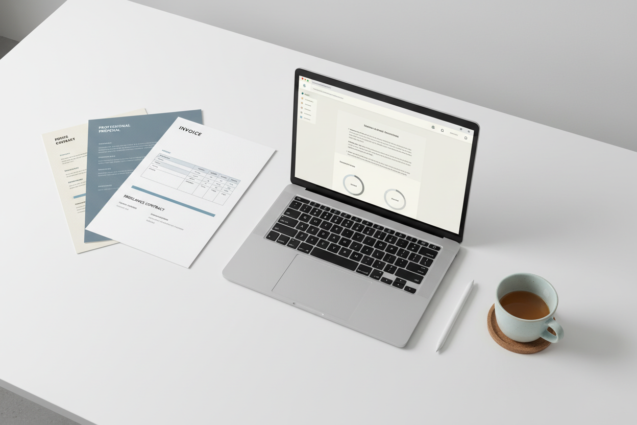 Freelance Business Starter Kit — professional documents flat lay including proposal, invoice, and contract