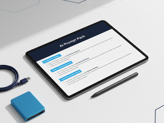AI Prompt Pack PDF displayed on a tablet on a minimal desk with stylus and accessories
