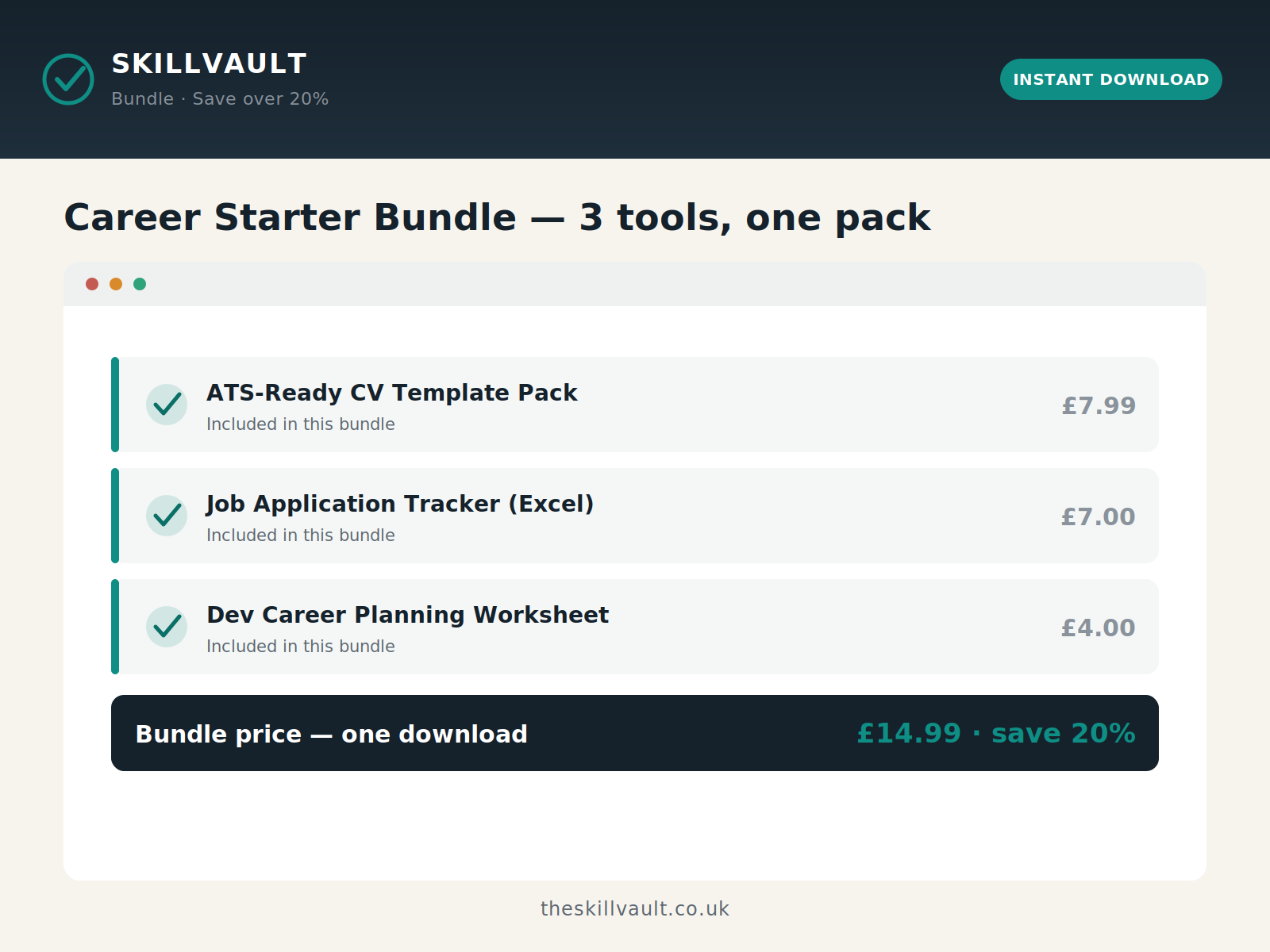 Career Starter Bundle preview listing the three included products and the discounted bundle price