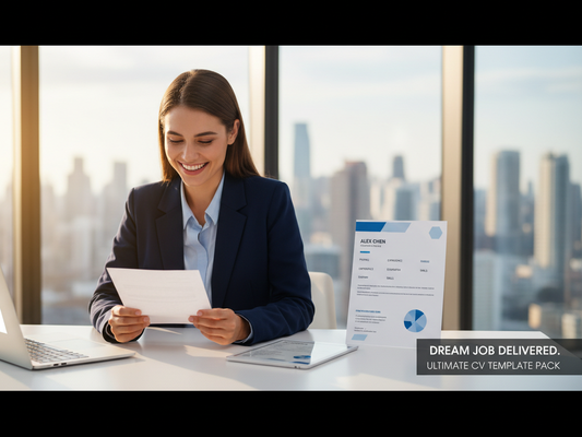 Confident professional smiling while reading a job offer letter with an ATS-ready CV on the desk beside them