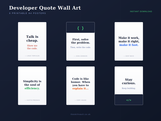 Developer Quote Wall Art Pack — six printable A4 posters featuring software engineering quotes on a navy background