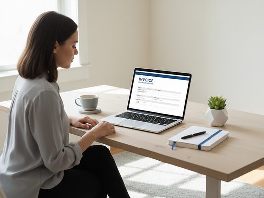 Freelancer working at a modern desk with laptop showing an invoice template from the Freelance Business Starter Kit