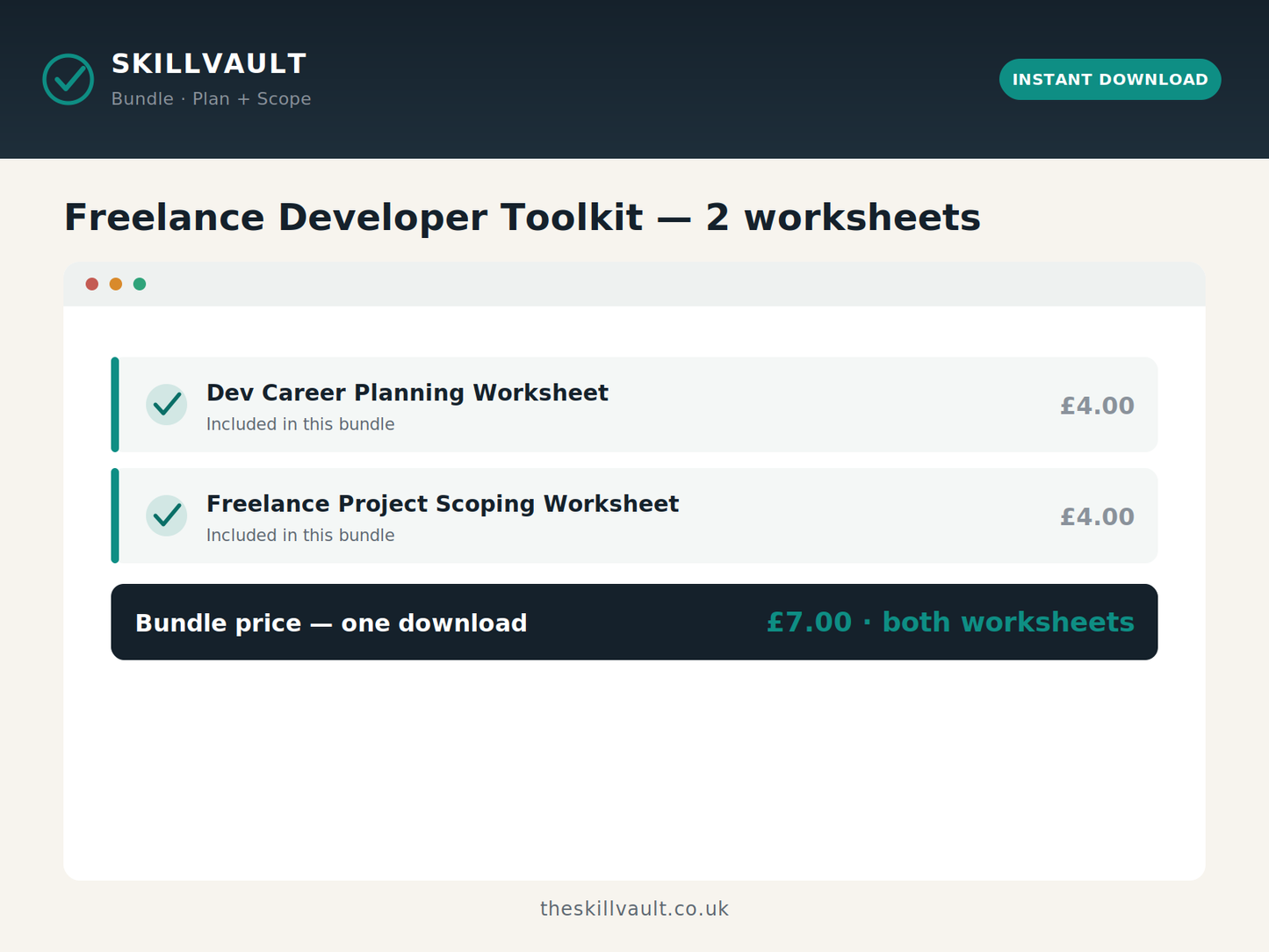 Freelance Developer Toolkit preview listing the two included worksheets and the bundle price