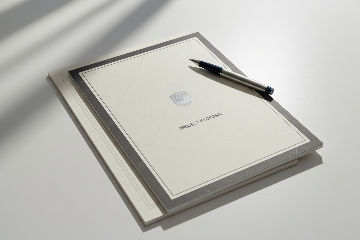 Close-up of professional contract and proposal documents with pen