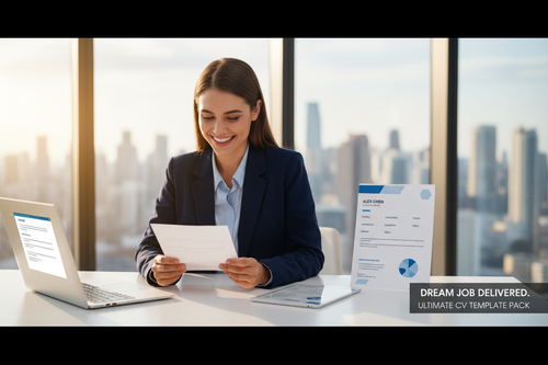 Confident professional smiling while reading a job offer letter with a clean CV on the desk beside them
