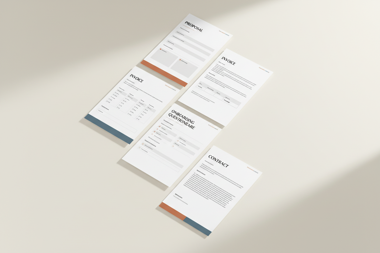 Fan-out mockup of all freelance business templates including proposal, invoice, onboarding and contract