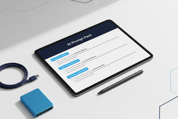 AI Prompt Pack PDF mockup on tablet on a minimal desk