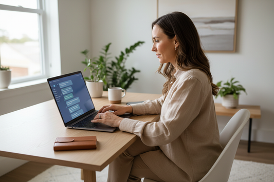 Entrepreneur using AI chat interface on laptop at modern desk
