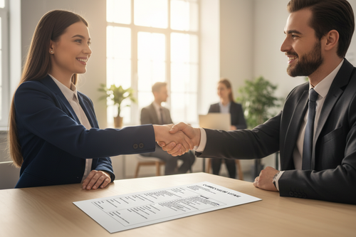 Professional shaking hands with recruiter after successful job interview with CV on desk