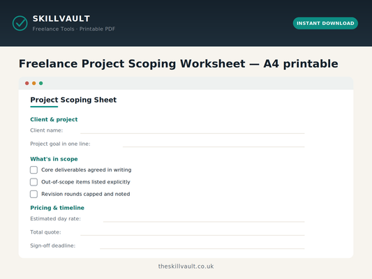 Freelance Project Scoping Worksheet preview showing scope checklist, pricing and sign-off fields